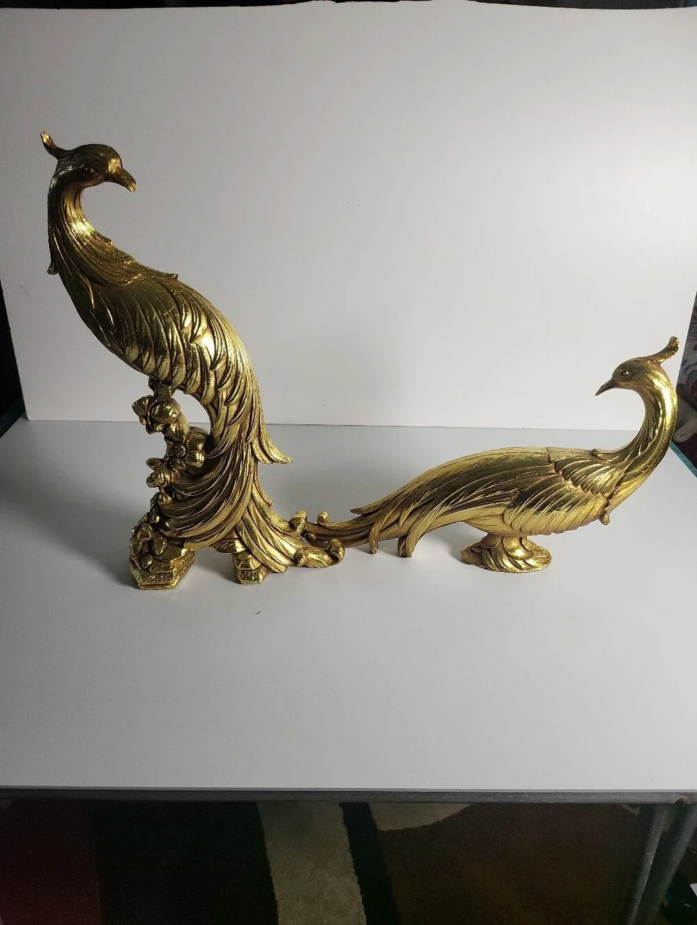 Vintage Syroco Gold Pheasants Birds Figurine Pair USA Peacock Hollywood Regency